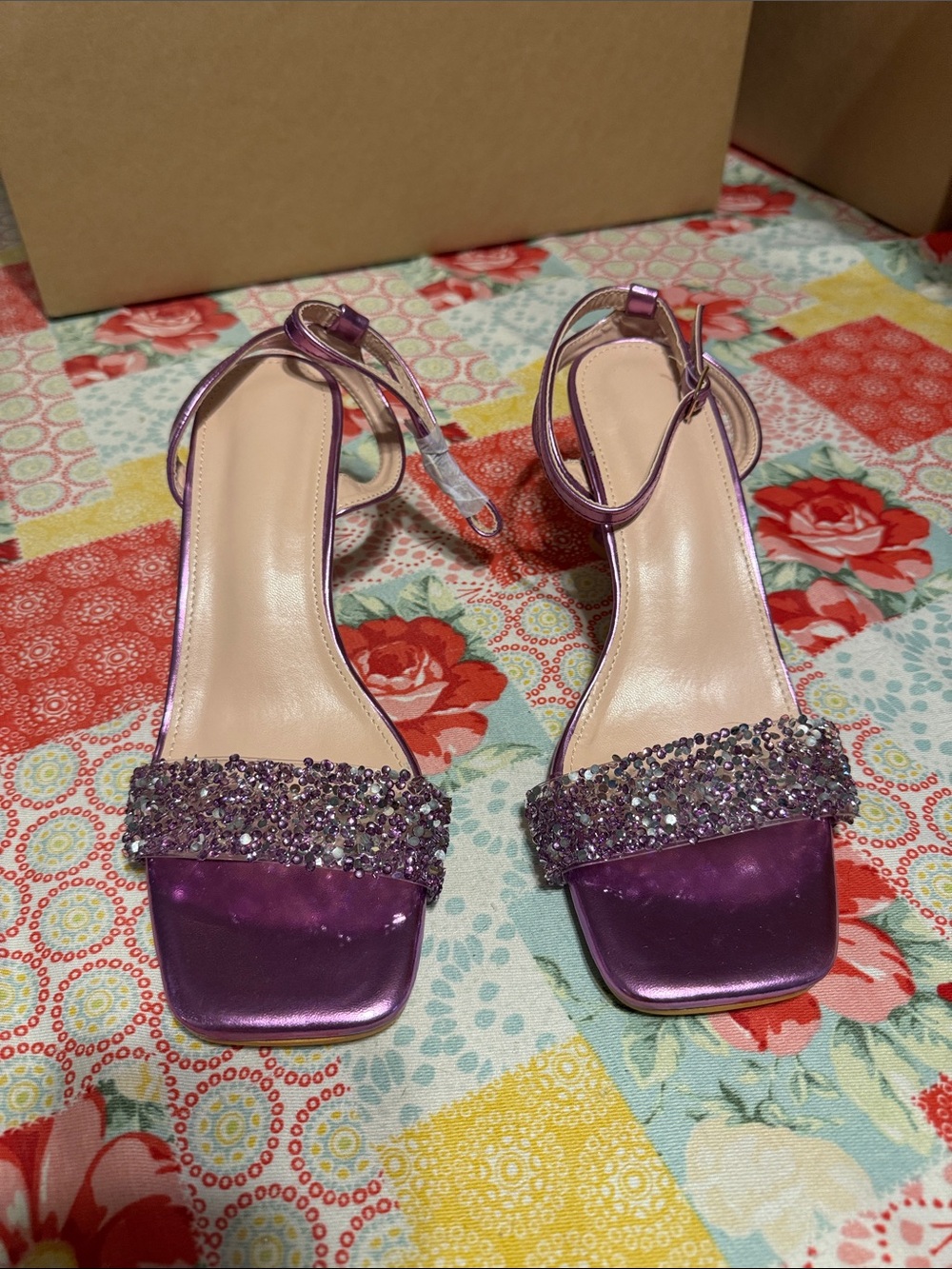 Metallic Purple Crystal-Strap Ankle-Heel Sandals